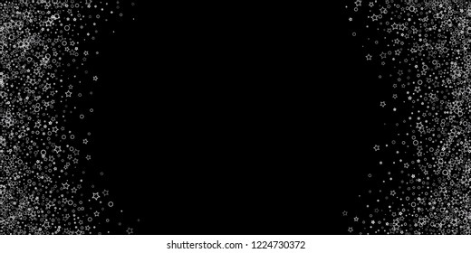 Silver, gray, stars, sprocket, shiny confetti. Scattered little sparkling, flashing glitter elements. Random stellar falling on black background. New Year, Christmas background. Vector illustration.