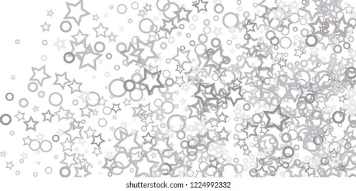 Silver, gray, stars, sprocket, shiny confetti. Scattered little sparkling, flashing glitter elements. Random stellar falling on white background. New Year, Christmas background. Vector illustration.