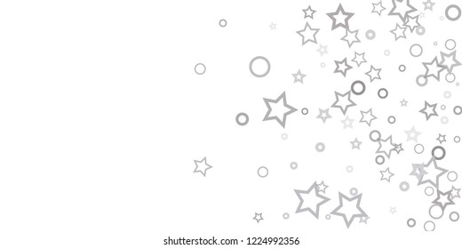 Silver, gray, stars, sprocket, shiny confetti. Scattered little sparkling, flashing glitter elements. Random stellar falling on white background. New Year, Christmas background. Vector illustration.