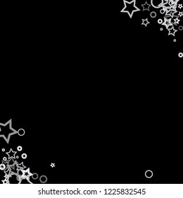 Silver, gray, stars, sprocket, shiny confetti. Scattered little sparkling, flashing glitter elements. Random stellar falling on black background. New Year, Christmas background. Vector illustration.