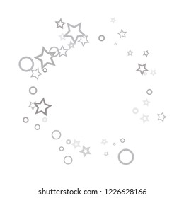 Silver, gray, stars, sprocket, shiny confetti. Scattered little sparkling, flashing glitter elements. Random stellar falling on white background. New Year, Christmas background. Vector illustration.