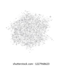 Silver, gray, stars, sprocket, shiny confetti. Scattered little sparkling, flashing glitter elements. Random stellar falling on white background. New Year, Christmas background. Vector illustration.