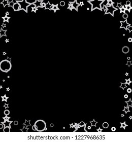 Silver, gray, stars, sprocket, shiny confetti. Scattered little sparkling, flashing glitter elements. Random stellar falling on black background. New Year, Christmas background. Vector illustration.