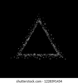 Silver, gray, stars, sprocket, shiny confetti. Scattered little sparkling, flashing glitter elements. Random stellar falling on black background. New Year, Christmas background. Vector illustration.