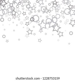 Silver, gray, stars, sprocket, shiny confetti. Scattered little sparkling, flashing glitter elements. Random stellar falling on white background. New Year, Christmas background. Vector illustration.