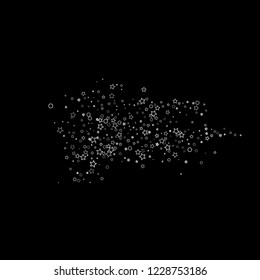 Silver, gray, stars, sprocket, shiny confetti. Scattered little sparkling, flashing glitter elements. Random stellar falling on black background. New Year, Christmas background. Vector illustration.