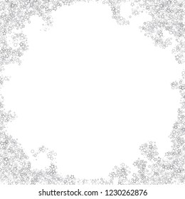 Silver, gray, stars, sprocket, shiny confetti. Scattered little sparkling, flashing glitter elements. Random stellar falling on white background. New Year, Christmas background. Vector illustration.