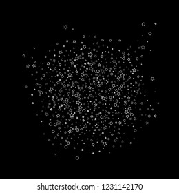 Silver, gray, stars, sprocket, shiny confetti. Scattered little sparkling, flashing glitter elements. Random stellar falling on black background. New Year, Christmas background. Vector illustration.