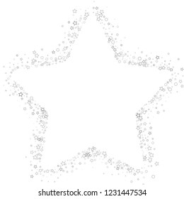 Silver, gray, stars, sprocket, shiny confetti. Scattered little sparkling, flashing glitter elements. Random stellar falling on white background. New Year, Christmas background. Vector illustration.