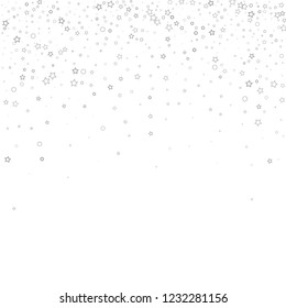 Silver, gray, stars, sprocket, shiny confetti. Scattered little sparkling, flashing glitter elements. Random stellar falling on white background. New Year, Christmas background. Vector illustration.