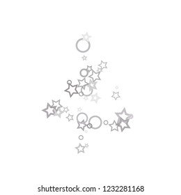 Silver, gray, stars, sprocket, shiny confetti. Scattered little sparkling, flashing glitter elements. Random stellar falling on white background. New Year, Christmas background. Vector illustration.