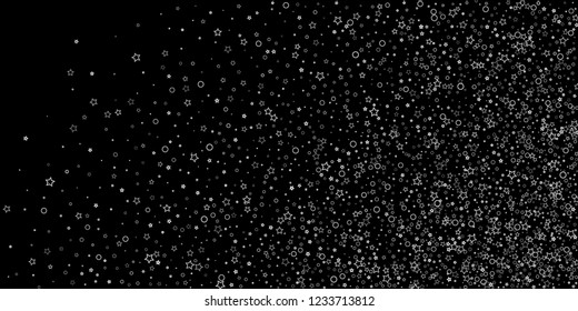 Silver, gray, stars, sprocket, shiny confetti. Scattered little sparkling, flashing glitter elements. Random stellar falling on black background. New Year, Christmas background. Vector illustration.