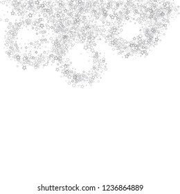 Silver, gray, stars, sprocket, shiny confetti. Scattered little sparkling, flashing glitter elements. Random stellar falling on white background. New Year, Christmas background. Vector illustration.