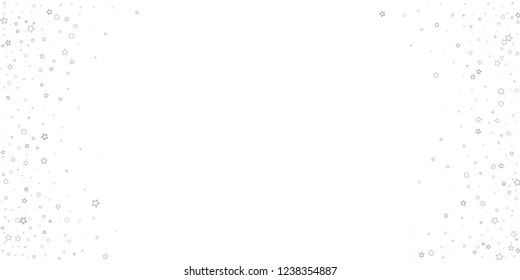 Silver, gray, stars, sprocket, shiny confetti. Scattered little sparkling, flashing glitter elements. Random stellar falling on white background. New Year, Christmas background. Vector illustration.