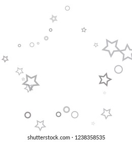 Silver, gray, stars, sprocket, shiny confetti. Scattered little sparkling, flashing glitter elements. Random stellar falling on white background. New Year, Christmas background. Vector illustration.