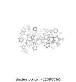 Silver, gray, stars, sprocket, shiny confetti. Scattered little sparkling, flashing glitter elements. Random stellar falling on white background. New Year, Christmas background. Vector illustration.