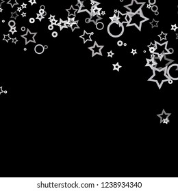 Silver, gray, stars, sprocket, shiny confetti. Scattered little sparkling, flashing glitter elements. Random stellar falling on black background. New Year, Christmas background. Vector illustration.