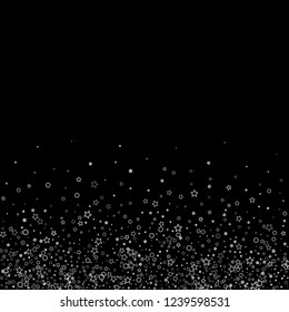 Silver, gray, stars, sprocket, shiny confetti. Scattered little sparkling, flashing glitter elements. Random stellar falling on black background. New Year, Christmas background. Vector illustration.