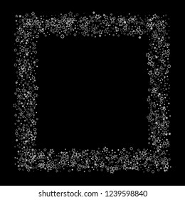 Silver, gray, stars, sprocket, shiny confetti. Scattered little sparkling, flashing glitter elements. Random stellar falling on black background. New Year, Christmas background. Vector illustration.