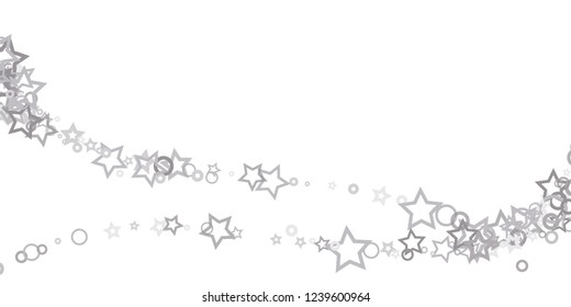 Silver, gray, stars, sprocket, shiny confetti. Scattered little sparkling, flashing glitter elements. Random stellar falling on white background. New Year, Christmas background. Vector illustration.