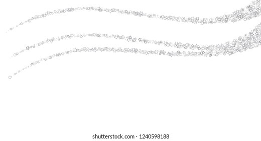 Silver, gray, stars, sprocket, shiny confetti. Scattered little sparkling, flashing glitter elements. Random stellar falling on white background. New Year, Christmas background. Vector illustration.