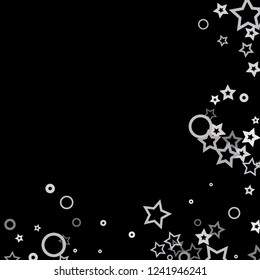 Silver, gray, stars, sprocket, shiny confetti. Scattered little sparkling, flashing glitter elements. Random stellar falling on black background. New Year, Christmas background. Vector illustration.