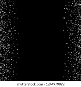 Silver, gray, stars, sprocket, shiny confetti. Scattered little sparkling, flashing glitter elements. Random stellar falling on black background. New Year, Christmas background. Vector illustration.