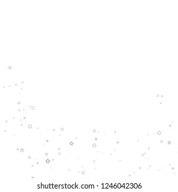 Silver, gray, stars, sprocket, shiny confetti. Scattered little sparkling, flashing glitter elements. Random stellar falling on white background. New Year, Christmas background. Vector illustration.