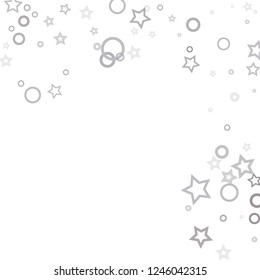 Silver, gray, stars, sprocket, shiny confetti. Scattered little sparkling, flashing glitter elements. Random stellar falling on white background. New Year, Christmas background. Vector illustration.