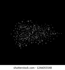 Silver, gray, stars, sprocket, shiny confetti. Scattered little sparkling, flashing glitter elements. Random stellar falling on black background. New Year, Christmas background. Vector illustration.