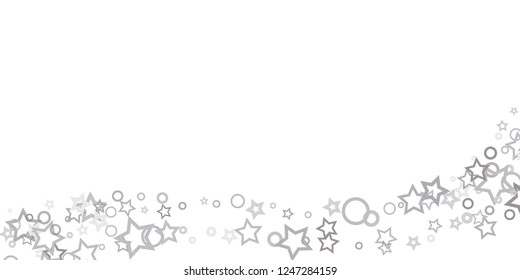 Silver, gray, stars, sprocket, shiny confetti. Scattered little sparkling, flashing glitter elements. Random stellar falling on white background. New Year, Christmas background. Vector illustration.