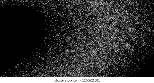 Silver, gray, stars, sprocket, shiny confetti. Scattered little sparkling, flashing glitter elements. Random stellar falling on black background. New Year, Christmas background. Vector illustration.