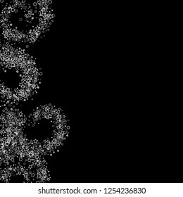 Silver, gray, stars, sprocket, shiny confetti. Scattered little sparkling, flashing glitter elements. Random stellar falling on black background. New Year, Christmas background. Vector illustration.