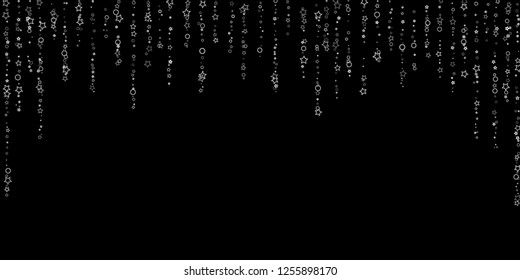 Silver, gray, stars, sprocket, shiny confetti. Scattered little sparkling, flashing glitter elements. Random stellar falling on black background. New Year, Christmas background. Vector illustration.
