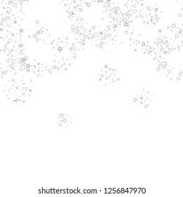 Silver, gray, stars, sprocket, shiny confetti. Scattered little sparkling, flashing glitter elements. Random stellar falling on white background. New Year, Christmas background. Vector illustration.