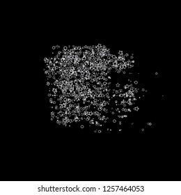 Silver, gray, stars, sprocket, shiny confetti. Scattered little sparkling, flashing glitter elements. Random stellar falling on black background. New Year, Christmas background. Vector illustration.