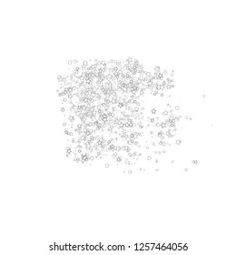 Silver, gray, stars, sprocket, shiny confetti. Scattered little sparkling, flashing glitter elements. Random stellar falling on white background. New Year, Christmas background. Vector illustration.