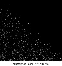 Silver, gray, stars, sprocket, shiny confetti. Scattered little sparkling, flashing glitter elements. Random stellar falling on black background. New Year, Christmas background. Vector illustration.