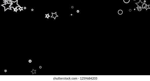 Silver, gray, stars, sprocket, shiny confetti. Scattered little sparkling, flashing glitter elements. Random stellar falling on black background. New Year, Christmas background. Vector illustration.