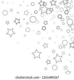Silver, gray, stars, sprocket, shiny confetti. Scattered little sparkling, flashing glitter elements. Random stellar falling on white background. New Year, Christmas background. Vector illustration.