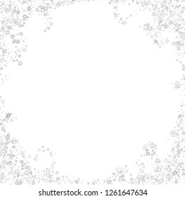 Silver, gray, stars, sprocket, shiny confetti. Scattered little sparkling, flashing glitter elements. Random stellar falling on white background. New Year, Christmas background. Vector illustration.
