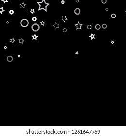 Silver, gray, stars, sprocket, shiny confetti. Scattered little sparkling, flashing glitter elements. Random stellar falling on black background. New Year, Christmas background. Vector illustration.