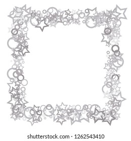 Silver, gray, stars, sprocket, shiny confetti. Scattered little sparkling, flashing glitter elements. Random stellar falling on white background. New Year, Christmas background. Vector illustration.