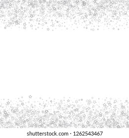 Silver, gray, stars, sprocket, shiny confetti. Scattered little sparkling, flashing glitter elements. Random stellar falling on white background. New Year, Christmas background. Vector illustration.