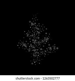Silver, gray, stars, sprocket, shiny confetti. Scattered little sparkling, flashing glitter elements. Random stellar falling on black background. New Year, Christmas background. Vector illustration.