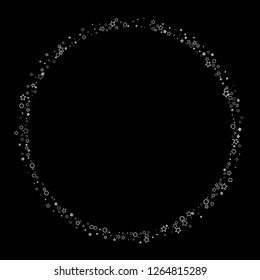 Silver, gray, stars, sprocket, shiny confetti. Scattered little sparkling, flashing glitter elements. Random stellar falling on black background. New Year, Christmas background. Vector illustration.