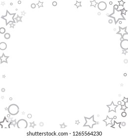 Silver, gray, stars, sprocket, shiny confetti. Scattered little sparkling, flashing glitter elements. Random stellar falling on white background. New Year, Christmas background. Vector illustration.