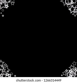 Silver, gray, stars, sprocket, shiny confetti. Scattered little sparkling, flashing glitter elements. Random stellar falling on black background. New Year, Christmas background. Vector illustration.