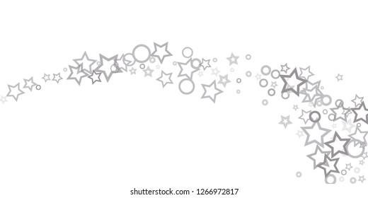 Silver, gray, stars, sprocket, shiny confetti. Scattered little sparkling, flashing glitter elements. Random stellar falling on white background. New Year, Christmas background. Vector illustration.
