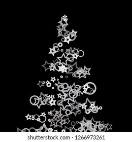 Silver, gray, stars, sprocket, shiny confetti. Scattered little sparkling, flashing glitter elements. Random stellar falling on black background. New Year, Christmas background. Vector illustration.
